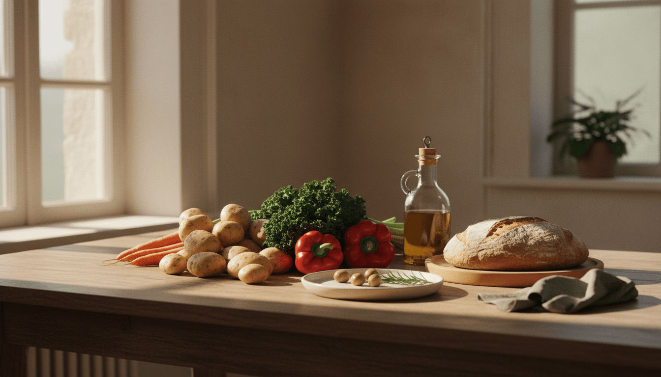 Mesa de cozinha com legumes inteiros, pão de fermentação natural e azeite em vidro, em luz de manhã