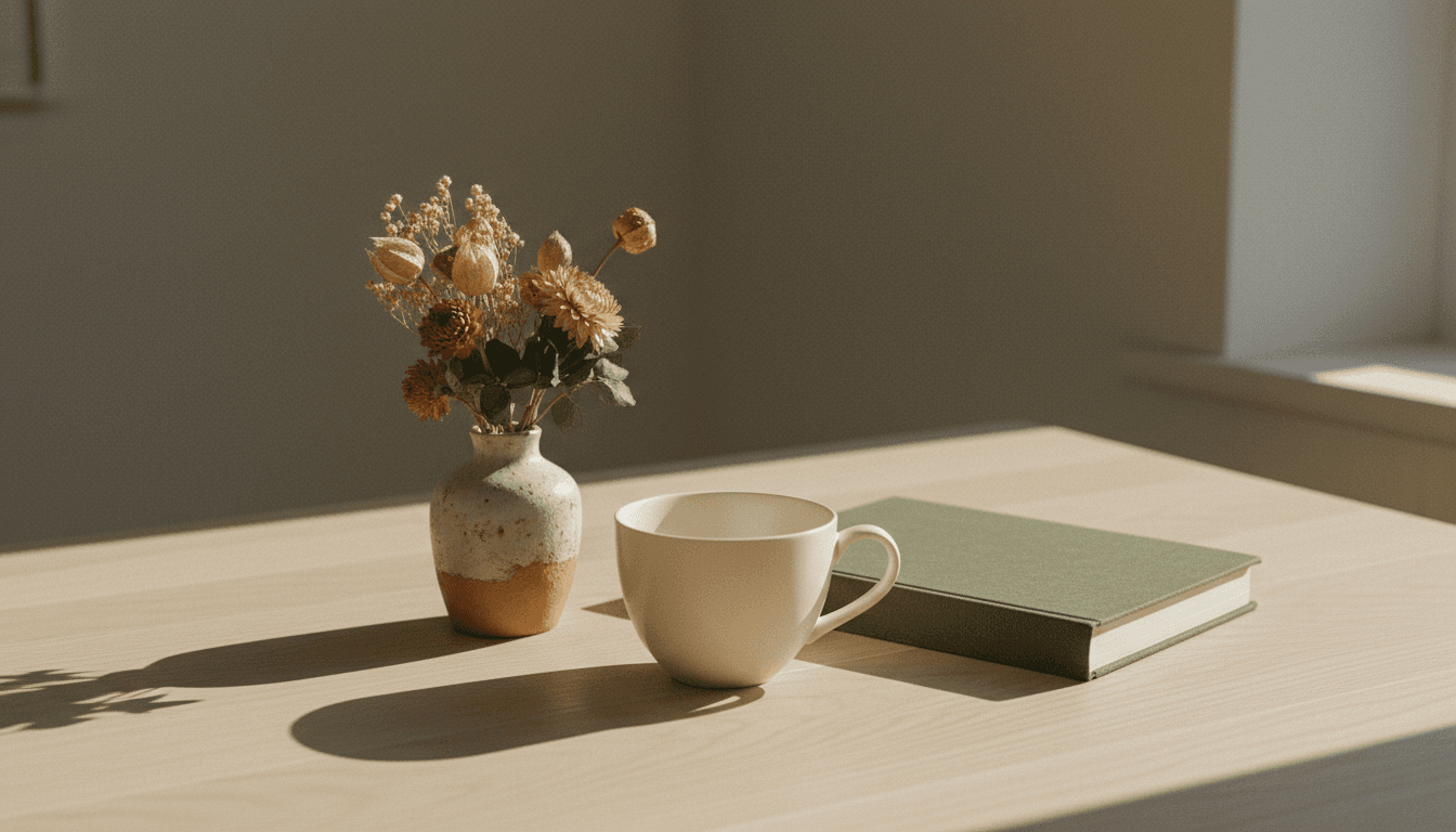 Xícara de porcelana, flores secas e um livro fechado sobre mesa de madeira clara, em luz de fim de tarde