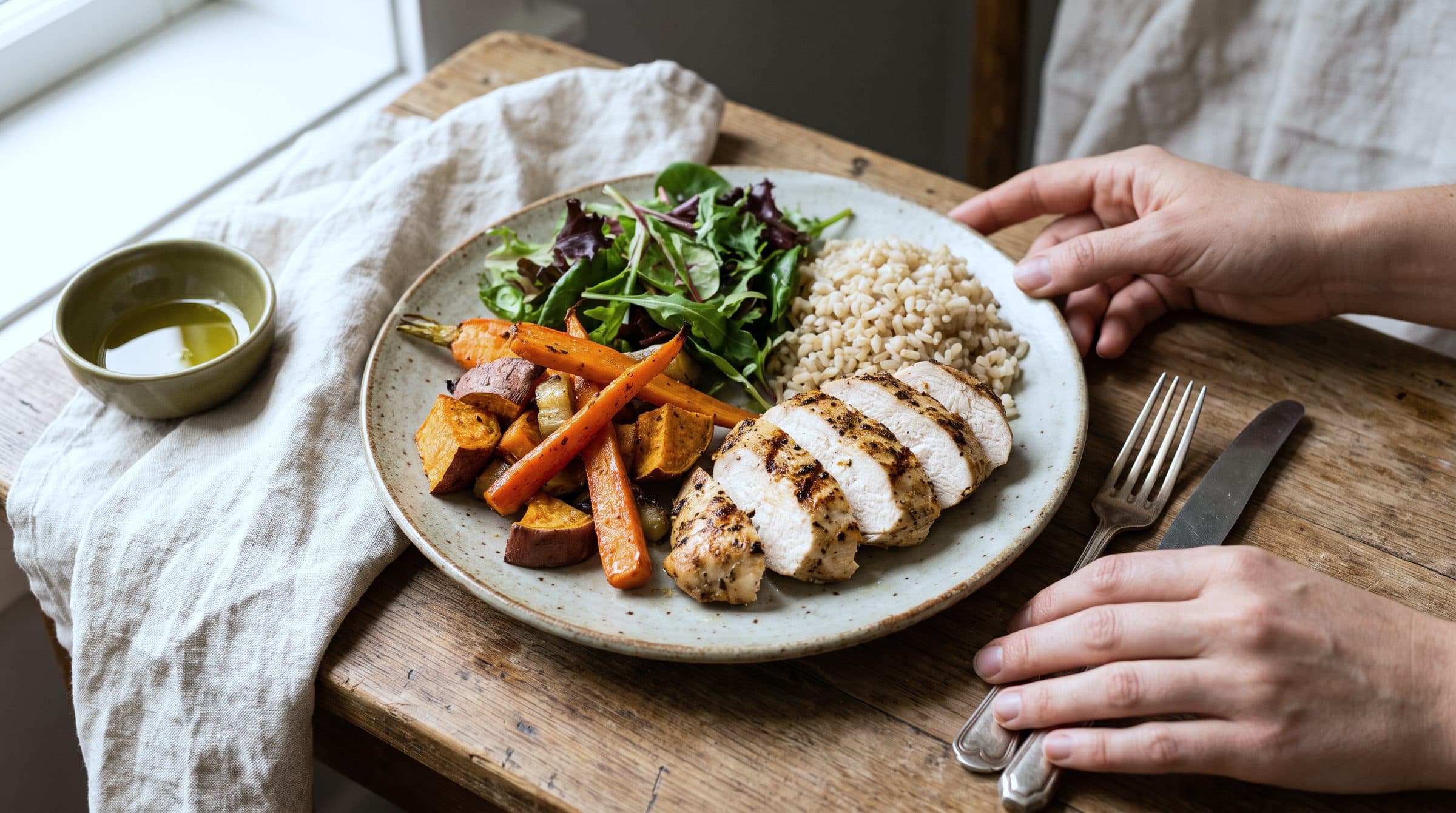 Prato com frango grelhado, legumes assados, salada e grãos sobre mesa de madeira